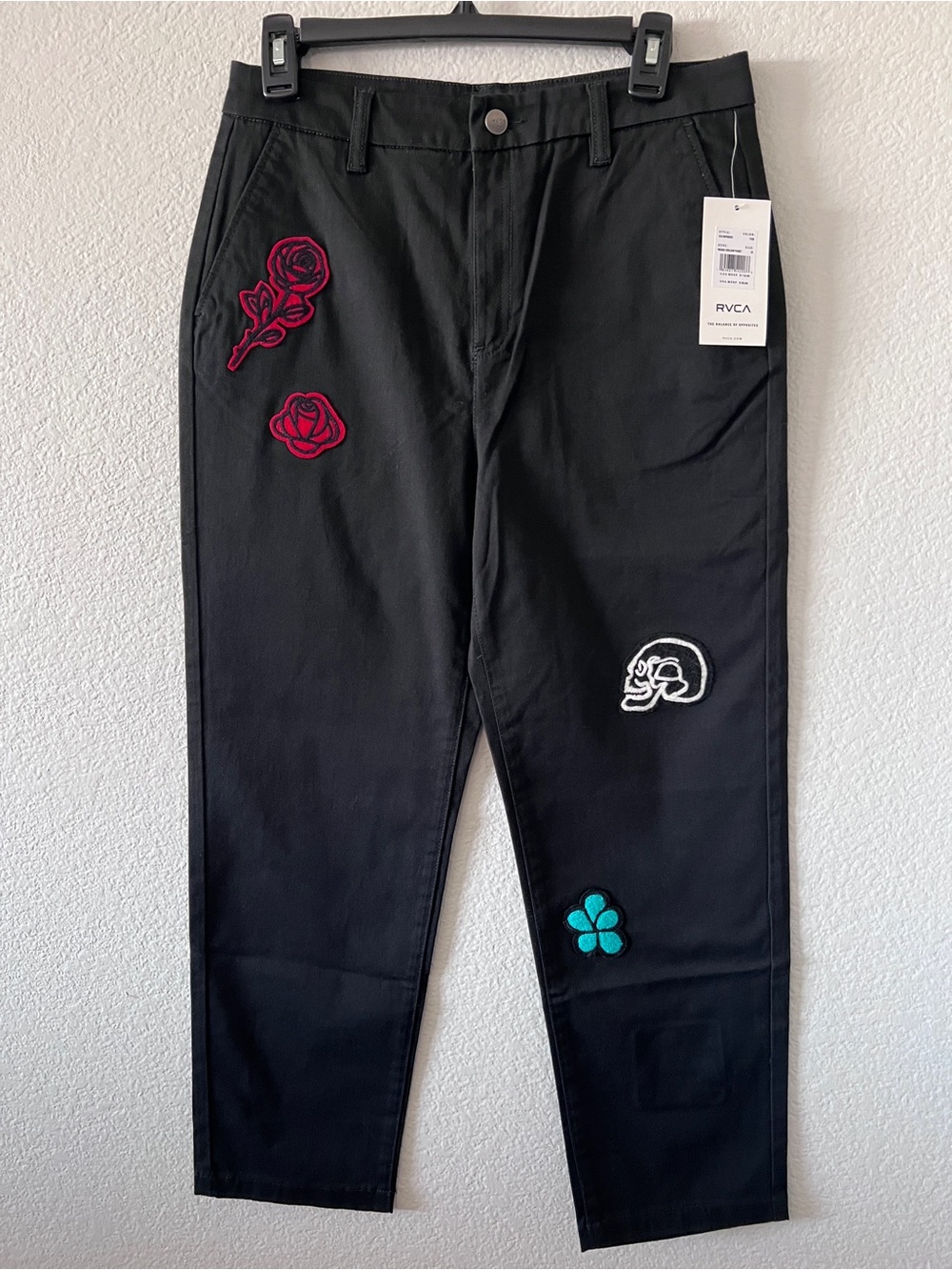 RVCA Women Mark Oblow Patched/Embroidered Black Pant Size 27 AVJNP00201 NEW Tags